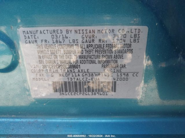 3N1CE2CP2GL389601 Nissan Versa Note S Plus