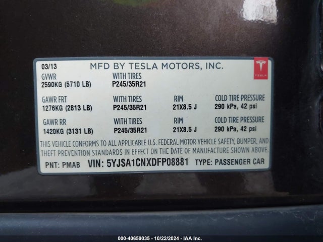 2013 TESLA MODEL S 5YJSA1CNXDFP08881 Photo 8