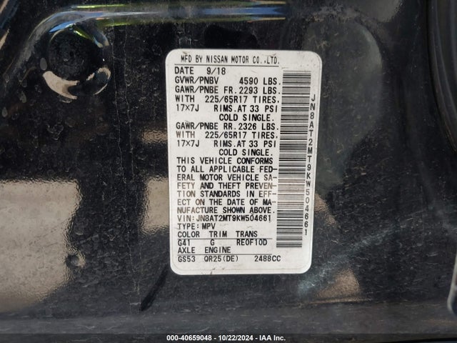 Продажа на аукционе авто 2019 Nissan Rogue Sv, vin: JN8AT2MT9KW504661, номер лота: 40659048