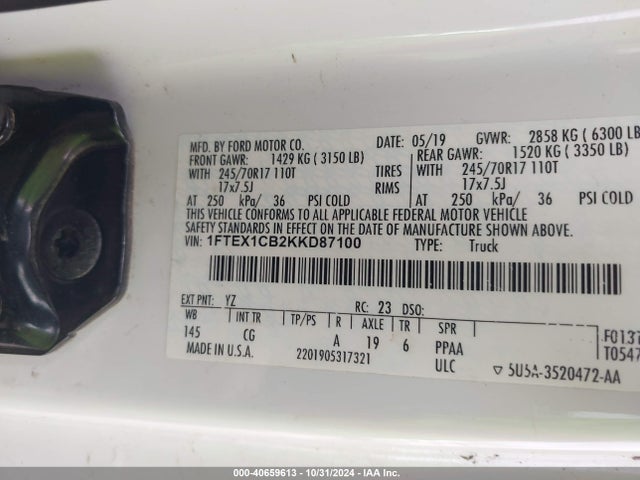 Ford F-150 Xl 2019 1FTEX1CB2KKD87100 Image 9
