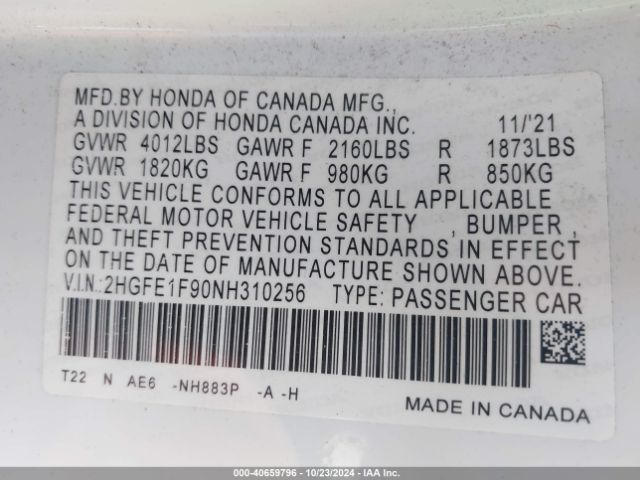 2HGFE1F90NH310256 Honda Civic Touring