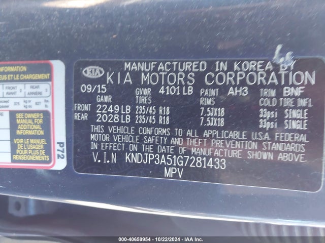 KIA SOUL + 2016 KNDJP3A51G7281433 Image 9