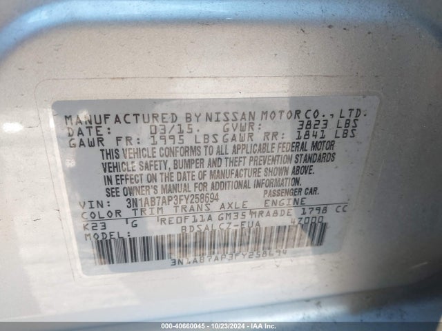 Nissan SENTRA S 2015 3N1AB7AP3FY258694 Image 9