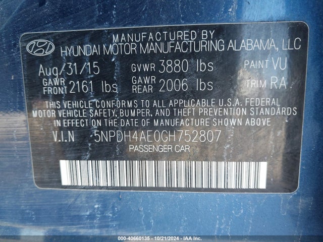 Hyundai ELANTRA SE 2016 5NPDH4AE0GH752807 Image 9