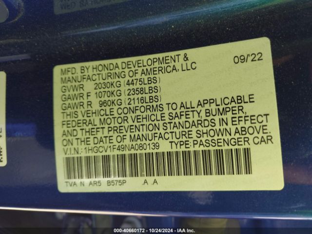 1HGCV1F49NA080139 Honda Accord Sport Special Edition