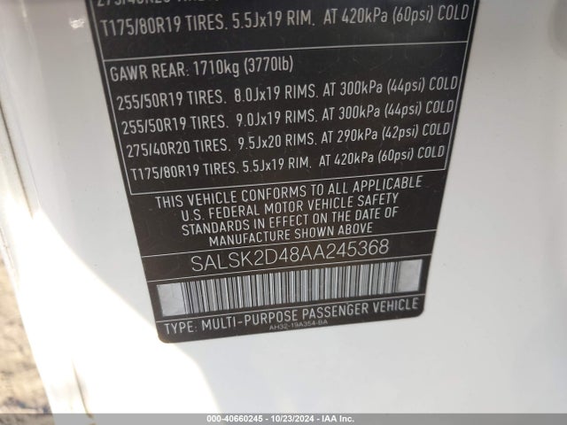 2010 Land Rover Range Rover Sport Hse მანქანა იყიდება აუქციონზე, vin: SALSK2D48AA245368, აუქციონის ნომერი: 40660245