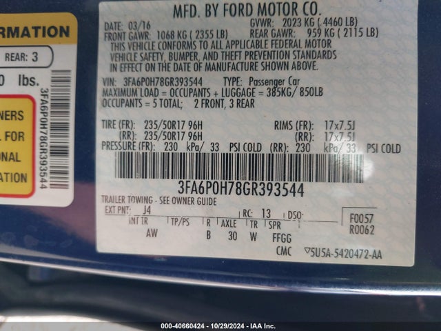 Ford FUSION SE 2016 3FA6P0H78GR393544 Image 9