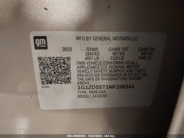1G1ZD5ST1NF158344 Chevrolet Malibu Fwd Lt