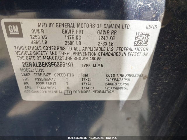 Chevrolet EQUINOX 1LT 2015 2GNALBEK8F6366197 Image 9