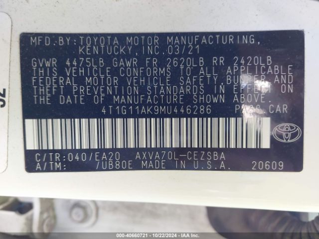 4T1G11AK9MU446286 Toyota CAMRY SE