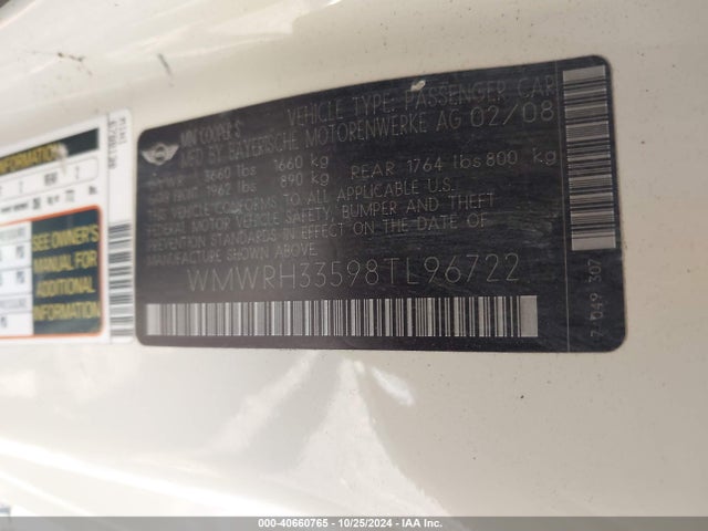 2008 MINI COOPER S WMWRH33598TL96722 Photo 8