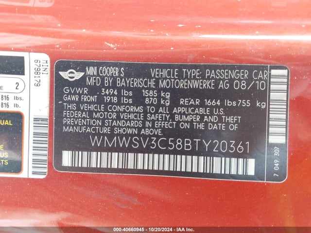 2011 MINI COOPER S WMWSV3C58BTY20361 Photo 8