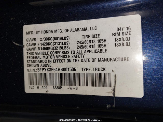 Honda Ridgeline Rtl-t 2017 5FPYK3F64HB001506 Image 9
