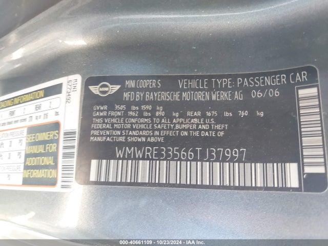 2006 MINI COOPER S WMWRE33566TJ37997 Photo 8