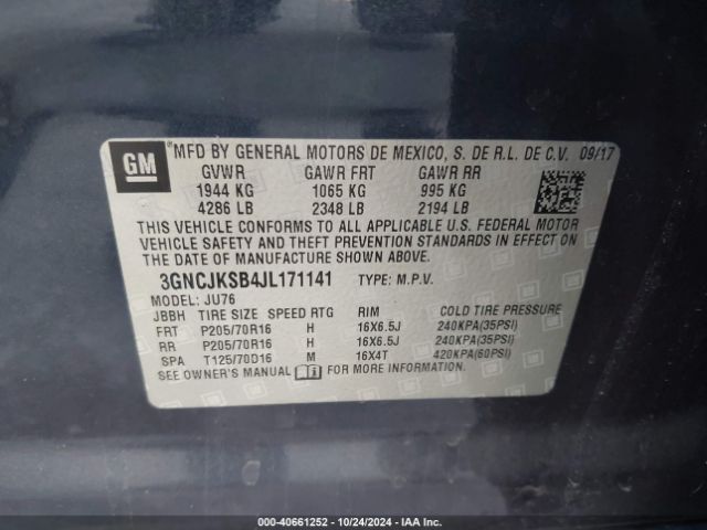 3GNCJKSB4JL171141 Chevrolet TRAX LS