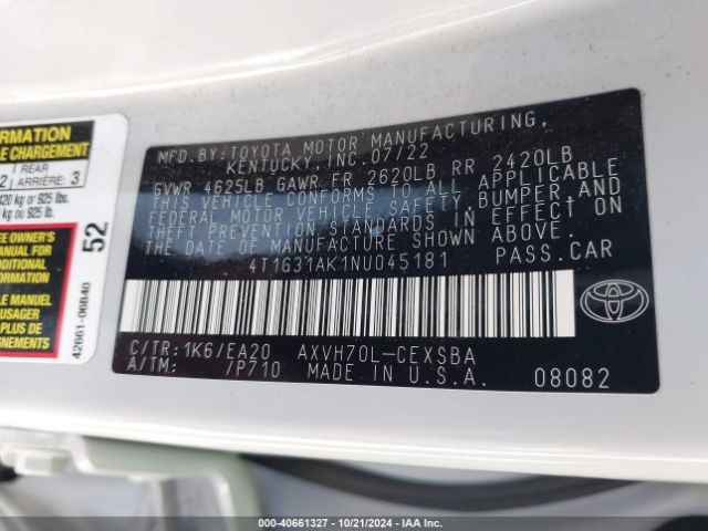 4T1G31AK1NU045181 Toyota Camry Se Hybrid