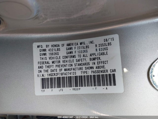 Honda ACCORD EX 2015 1HGCR2F78FA274120 Image 9