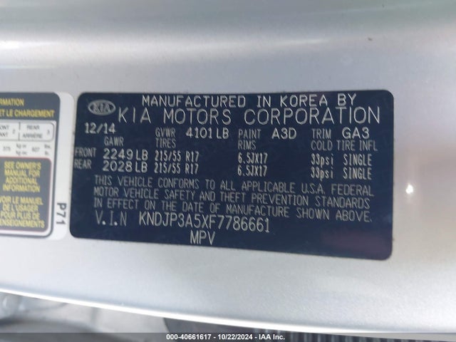 KIA SOUL + 2015 KNDJP3A5XF7786661 Image 9