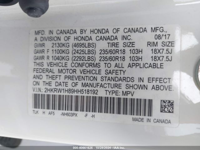 2HKRW1H89HH518192 Honda Cr-v Ex-l/ex-l Navi