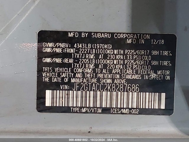 Subaru Crosstrek 2.0i Premium 2019 JF2GTACC2K8287686 Image 9