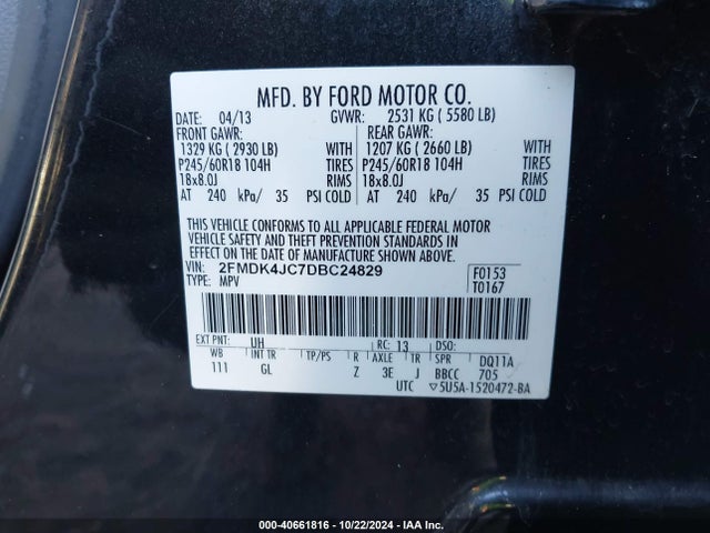 Продажа на аукционе авто 2013 Ford Edge Sel, vin: 2FMDK4JC7DBC24829, номер лота: 40661816