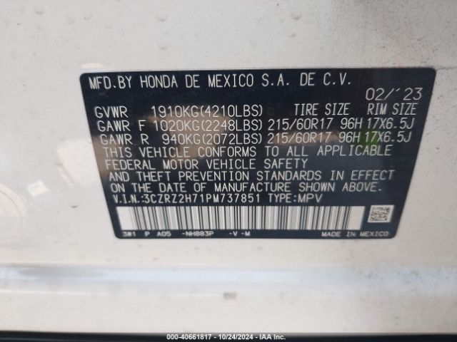 3CZRZ2H71PM737851 Honda Hr-v Awd Ex-l