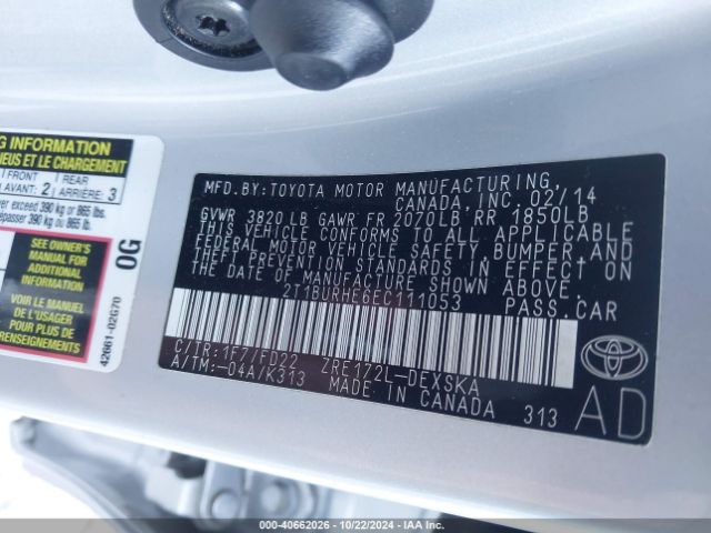 2T1BURHE6EC111053 Toyota Corolla S
