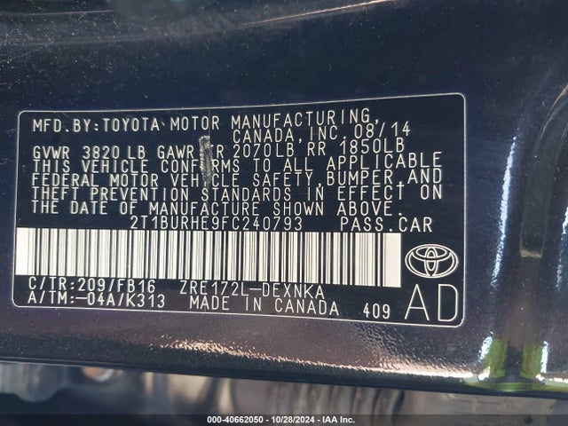 Toyota COROLLA LE 2015 2T1BURHE9FC240793 Image 9