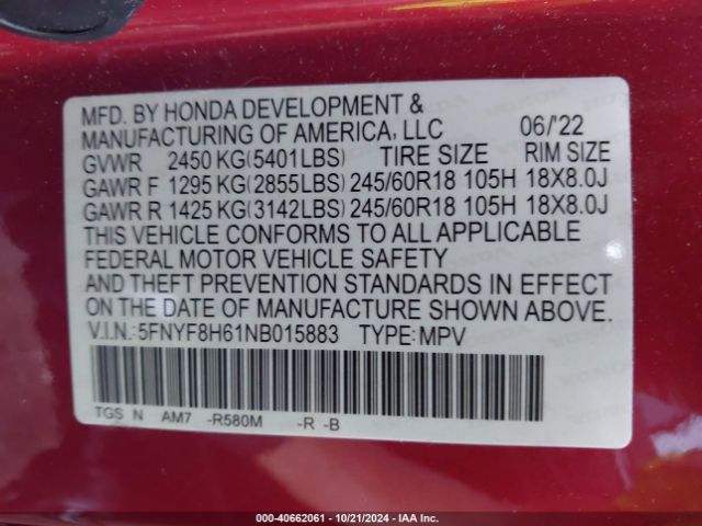 5FNYF8H61NB015883 Honda Passport Awd Trailsport