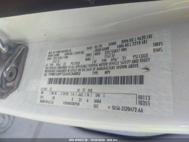 Auction sale of the 2018 Ford Escape S, vin: 1FMCU0F72JUC54952, lot number: 40662126