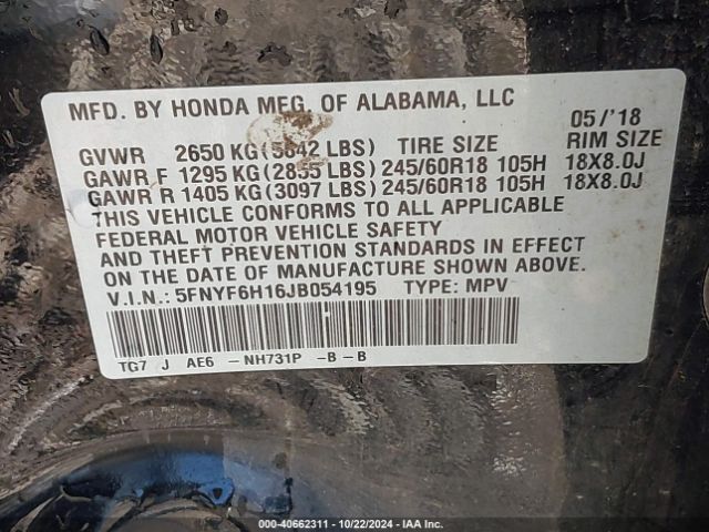5FNYF6H16JB054195 Honda PILOT LX