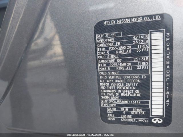 3PCAJ5BA0MF116147 Infiniti Qx50 Luxe