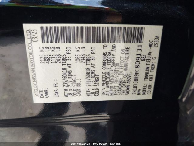 5N1BT3BB9PC809131 Nissan Rogue Sv Intelligent Awd