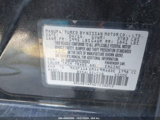 3N1AB7AP4EY238243 Nissan Sentra Fe+ S/fe+ Sv/s/sl/sr/sv