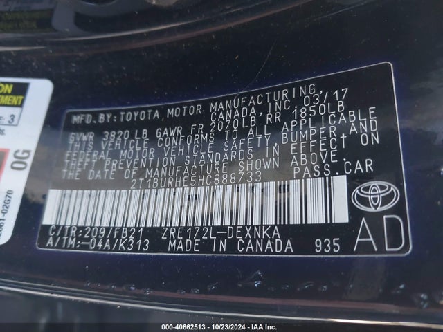 Toyota COROLLA LE 2017 2T1BURHE5HC888733 Image 9