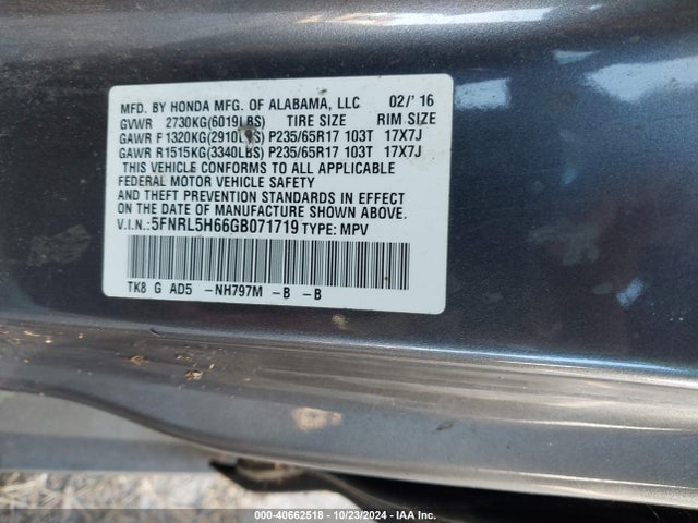 Honda Odyssey Ex-l 2016 5FNRL5H66GB071719 Image 9