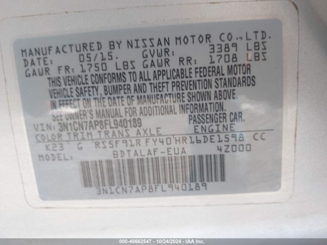 3N1CN7AP8FL940189 Nissan Versa 1.6 S