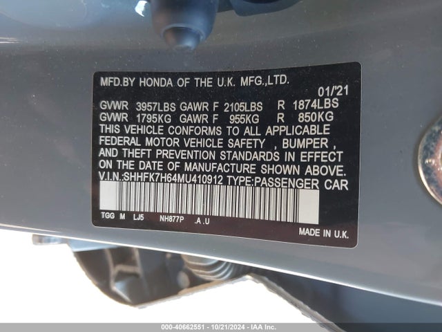 Honda CIVIC EX 2021 SHHFK7H64MU410912 Image 9