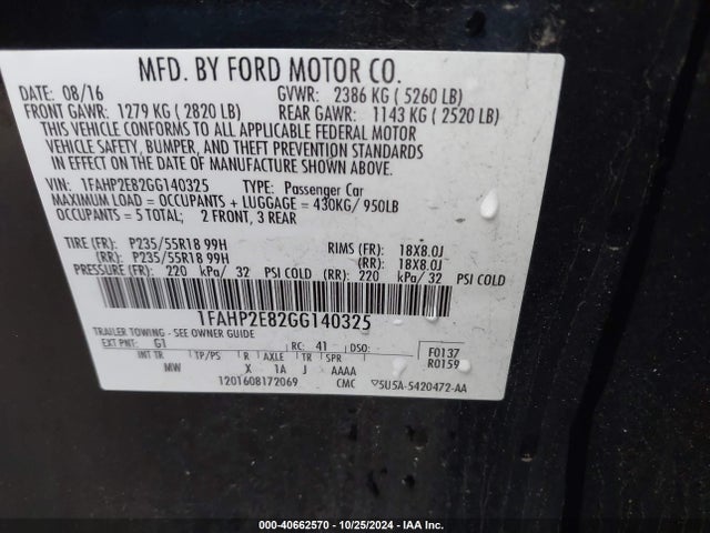 Ford TAURUS SEL 2016 1FAHP2E82GG140325 Image 9