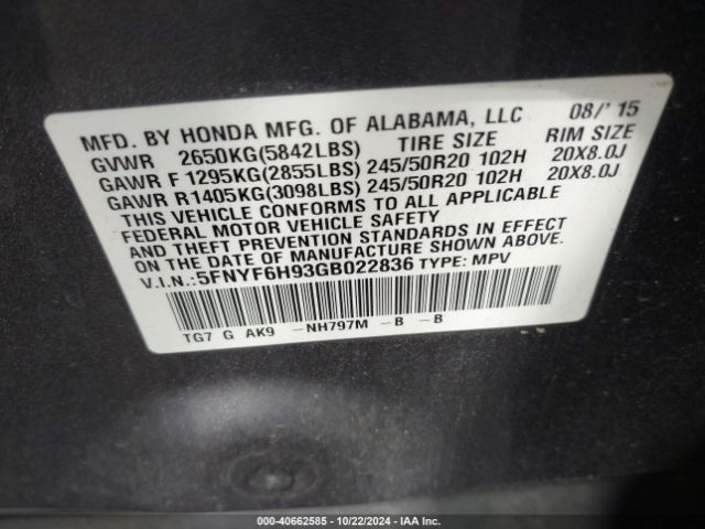 5FNYF6H93GB022836 Honda Pilot Touring