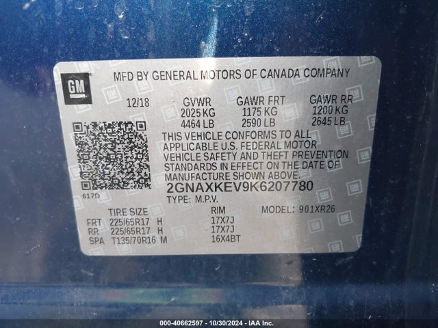 2GNAXKEV9K6207780 Chevrolet EQUINOX LT