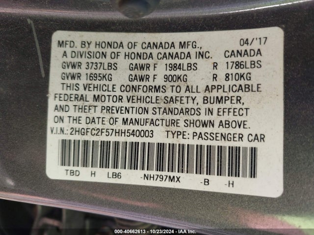 Honda Civic Lx 2017 2HGFC2F57HH540003 Image 9