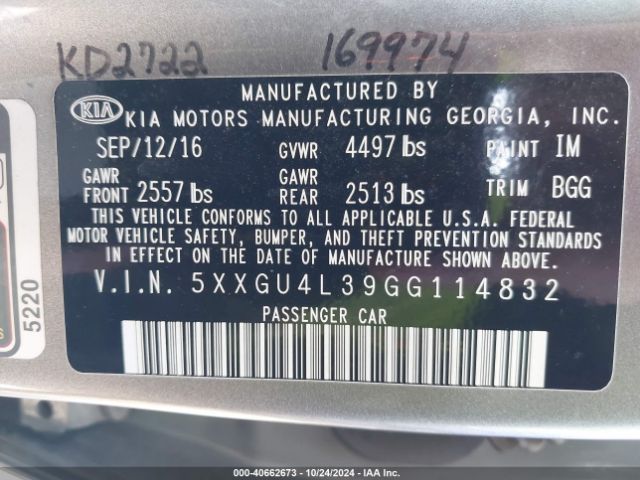 5XXGU4L39GG114832 KIA OPTIMA EX