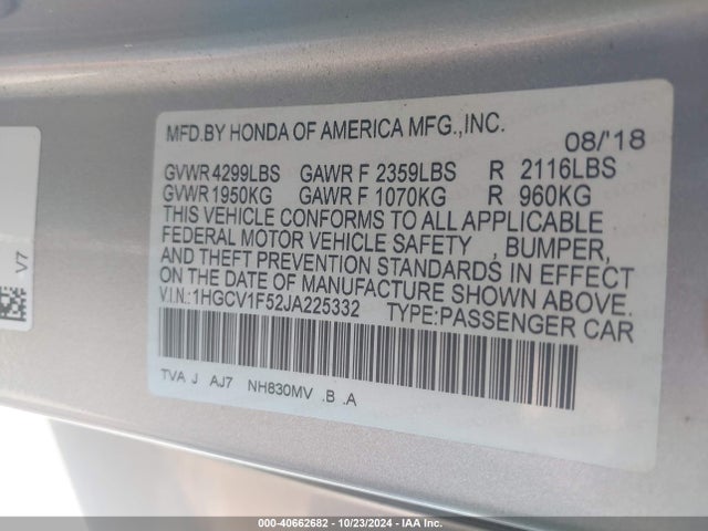 Honda Accord Ex-l 2018 1HGCV1F52JA225332 Image 9