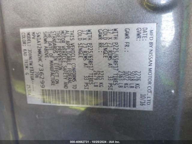5N1AT2MM2HC736299 Nissan ROGUE SV