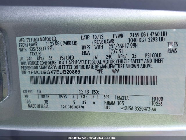 Ford ESCAPE SE 2014 1FMCU9GX7EUB20866 Image 9