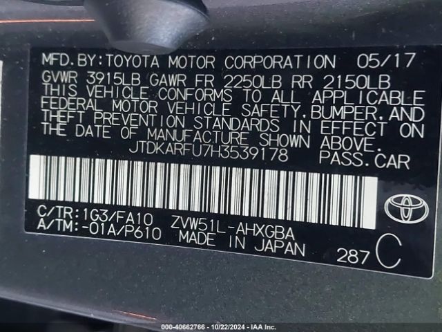 JTDKARFU7H3539178 Toyota Prius Three