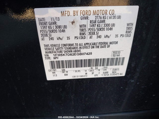 Ford EXPLORER XLT 2014 1FM5K7D82EGB07425 Image 9