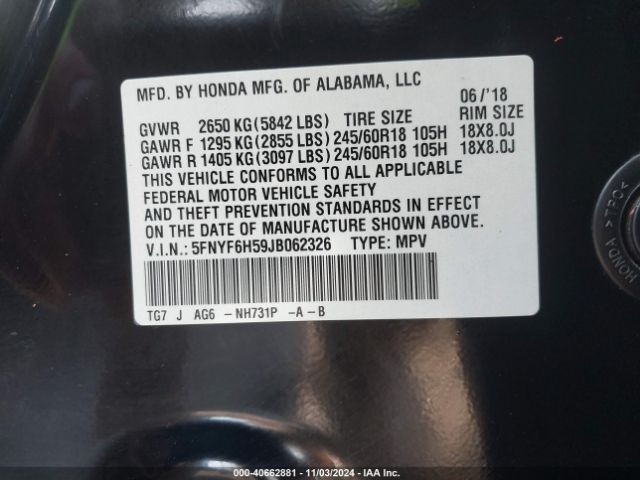 5FNYF6H59JB062326 Honda Pilot Ex-l