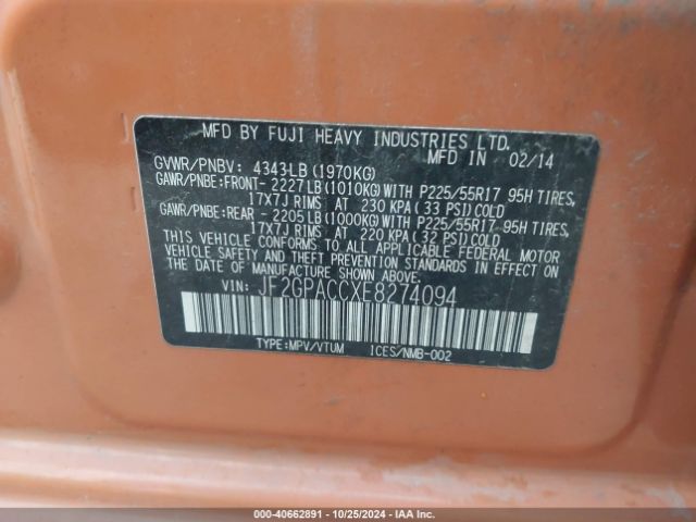 JF2GPACCXE8274094 Subaru Xv Crosstrek 2.0i Premium